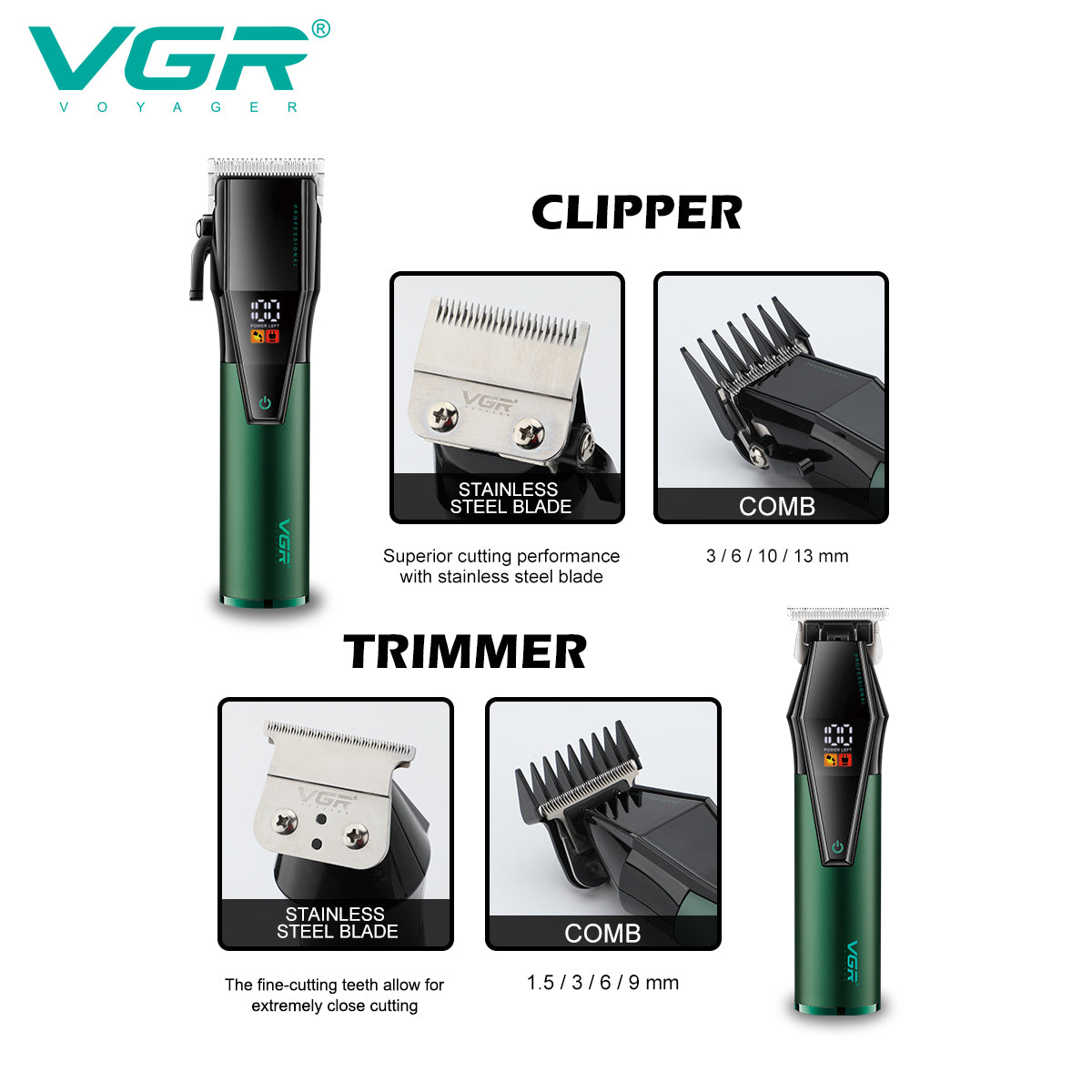 VGR V-677 Professional Trimmer 240 min Runtime 12 Length Settings (Green).