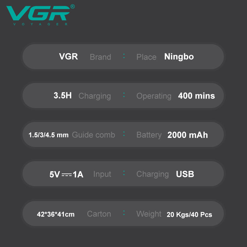VGR V-987 Professional Digital Display Turbo function 7000RPM Zero Gapped Cordless Pro Self Haircut Hair Clipper — Image 7 — VGR Pakistan Official