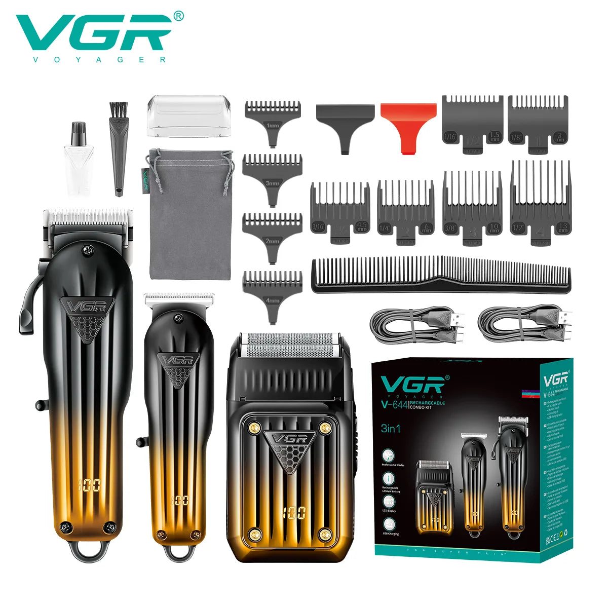 VGR V-644 Professional Barber Hair Cutting Kit 3-in-1 Clipper, Trimmer & Shaver