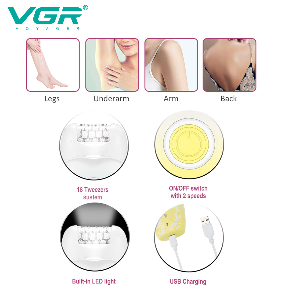 VGR V-738 Female Body Epilator 2 Speeds USB Light — Image 4 — VGR Pakistan Official