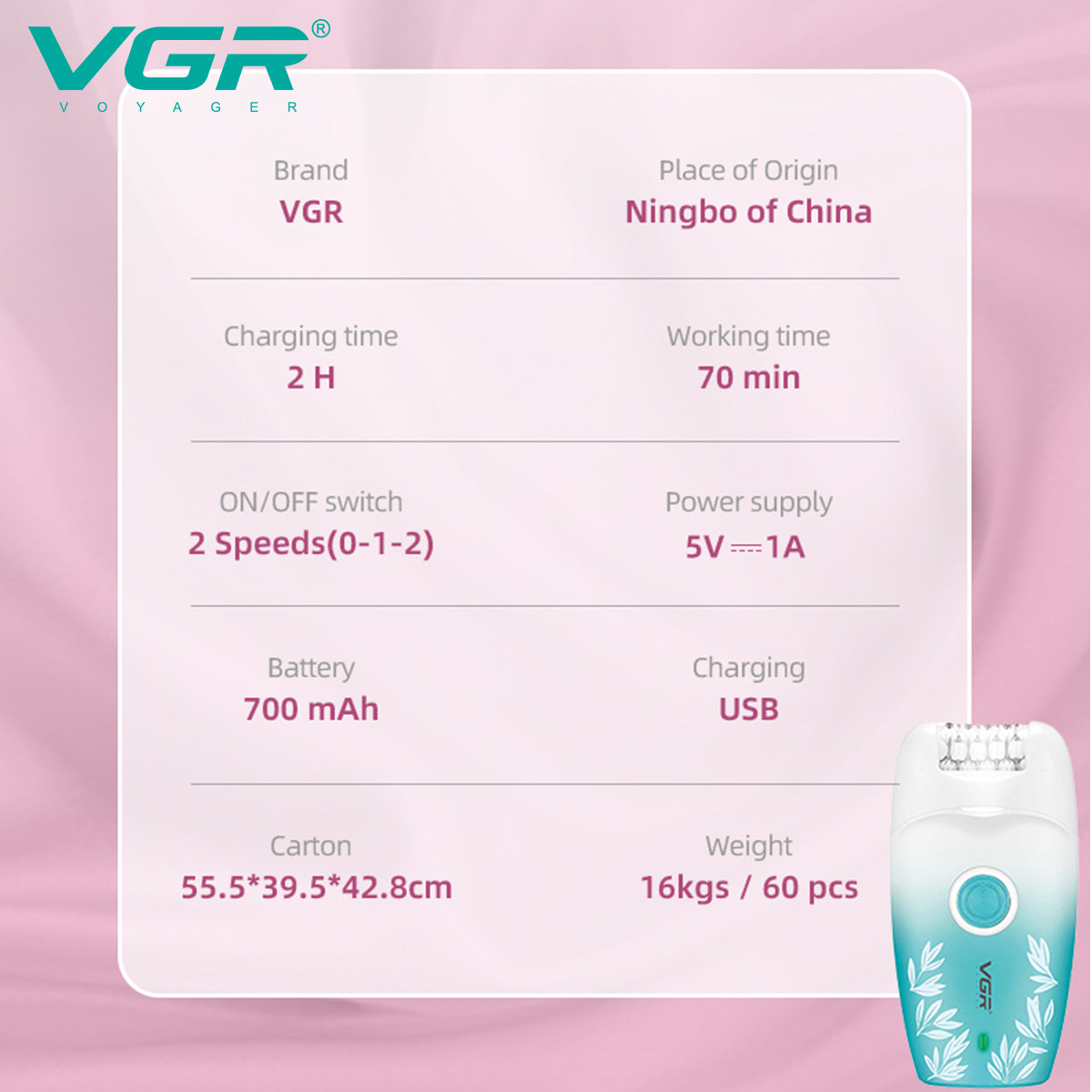 VGR V-738 Female Body Epilator 2 Speeds USB Light — Image 6 — VGR Pakistan Official