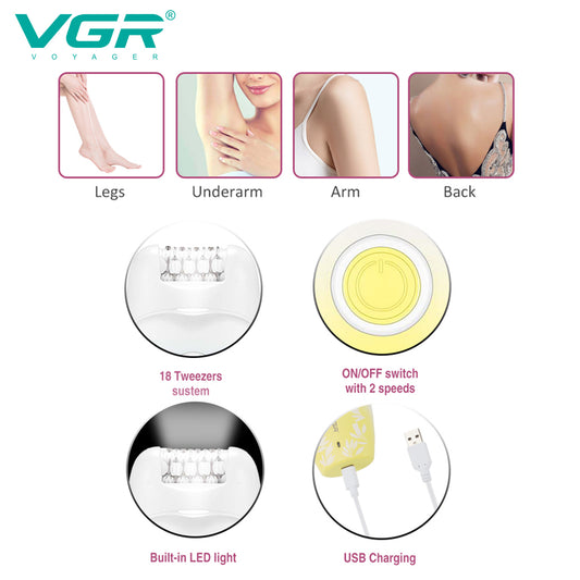 VGR V-738 Female Body Epilator 2 Speeds USB Light — VGR Pakistan Official