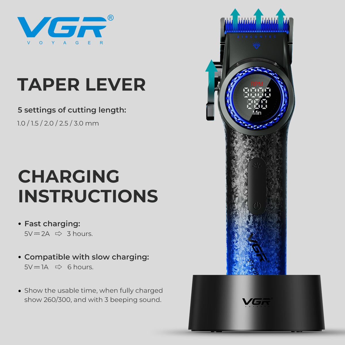 VGR V-001 Professional Hair Clipper - Blue Edition.