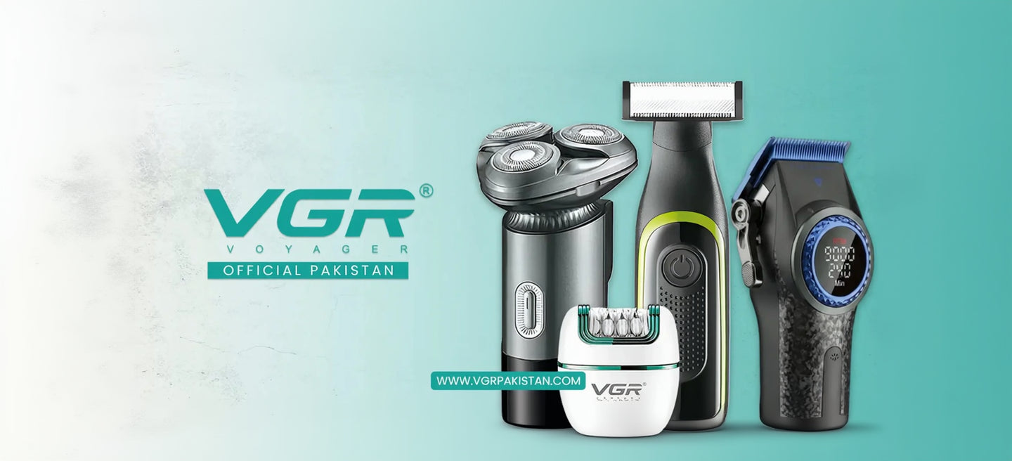 VGR grooming tools including razors and trimmers on a light blue background vgrpakistan.com