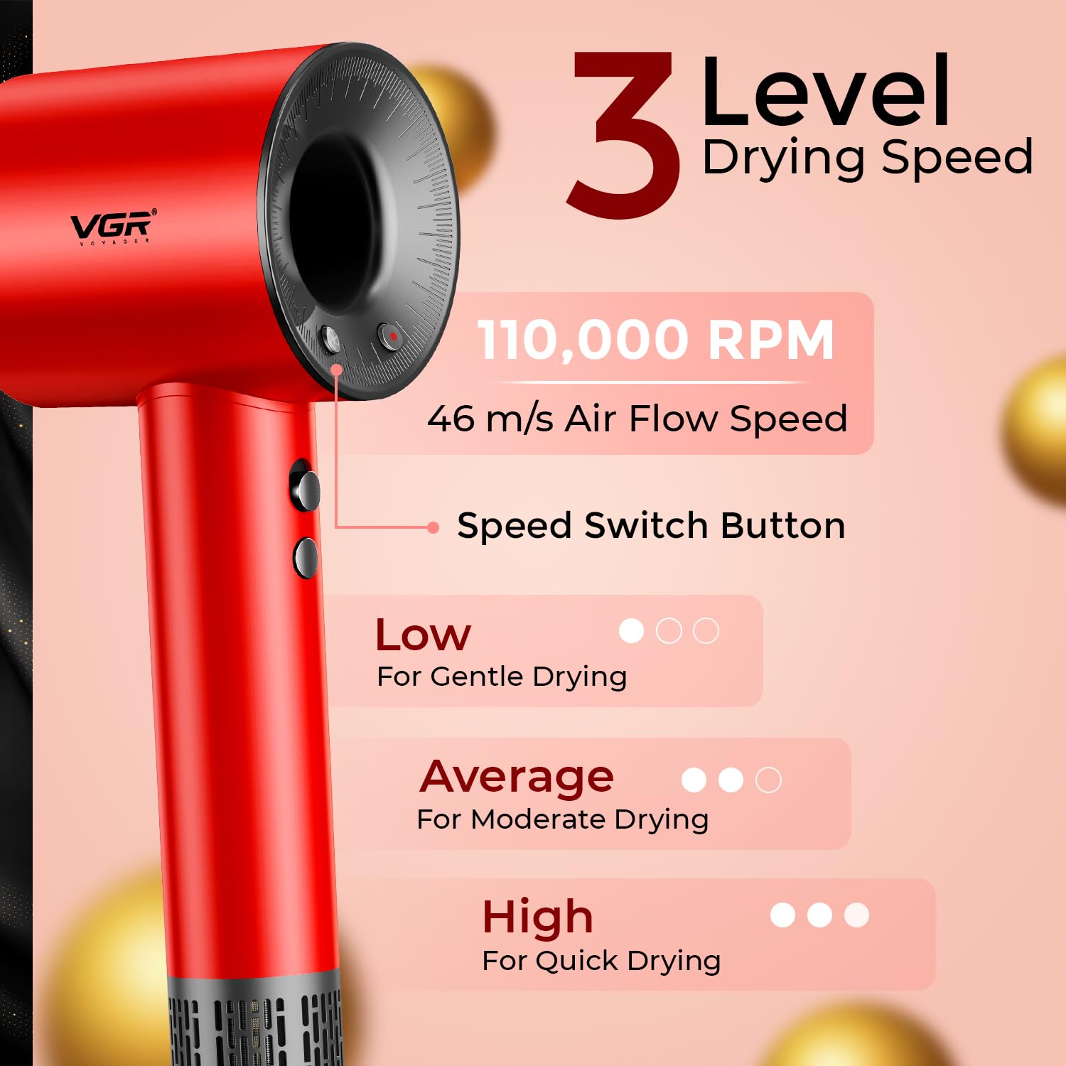 VGR V-445 Professional BLDC Hair Dryer (RED) — Image 6 — VGR Pakistan Official