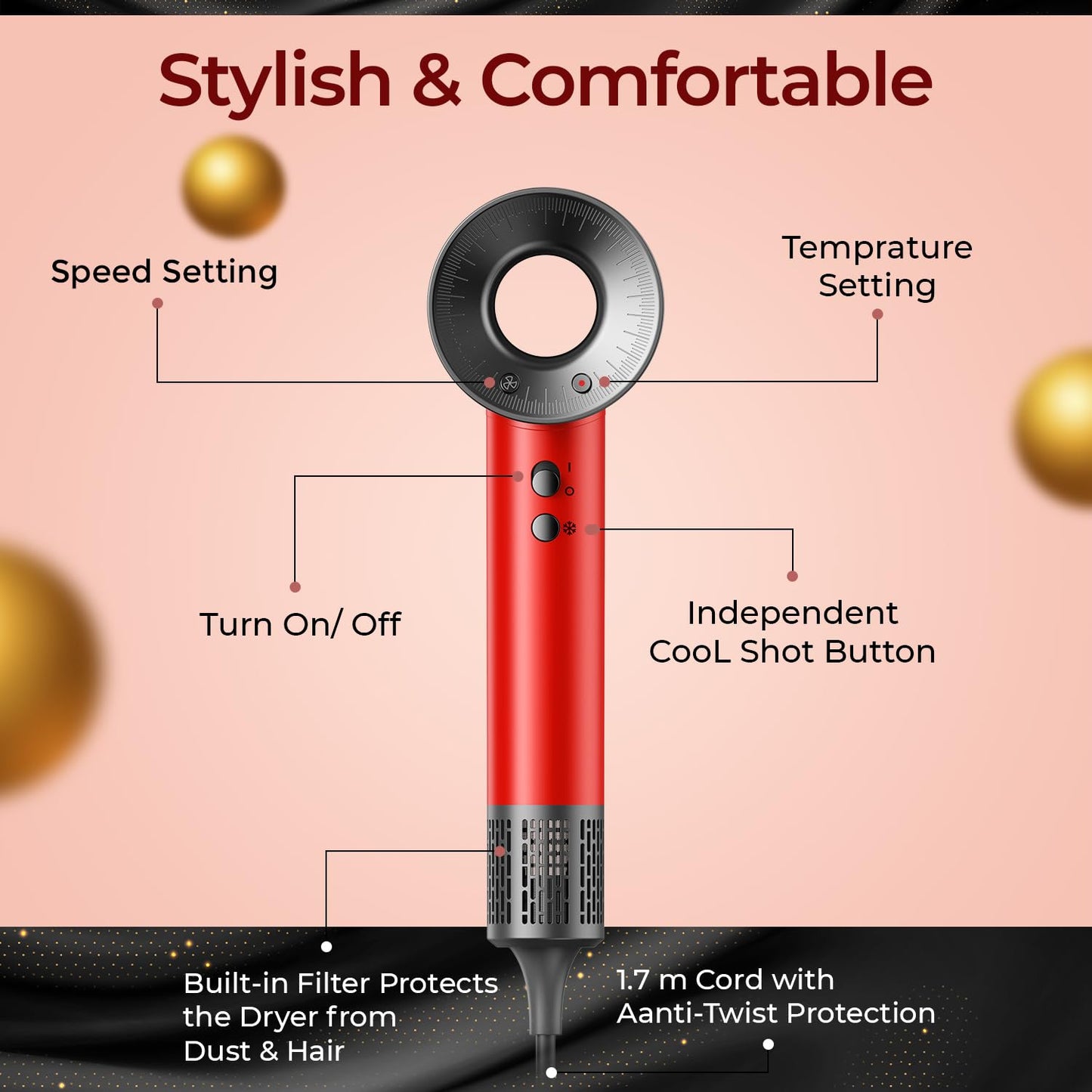 VGR V-445 Professional BLDC Hair Dryer (RED) — Image 7 — VGR Pakistan Official