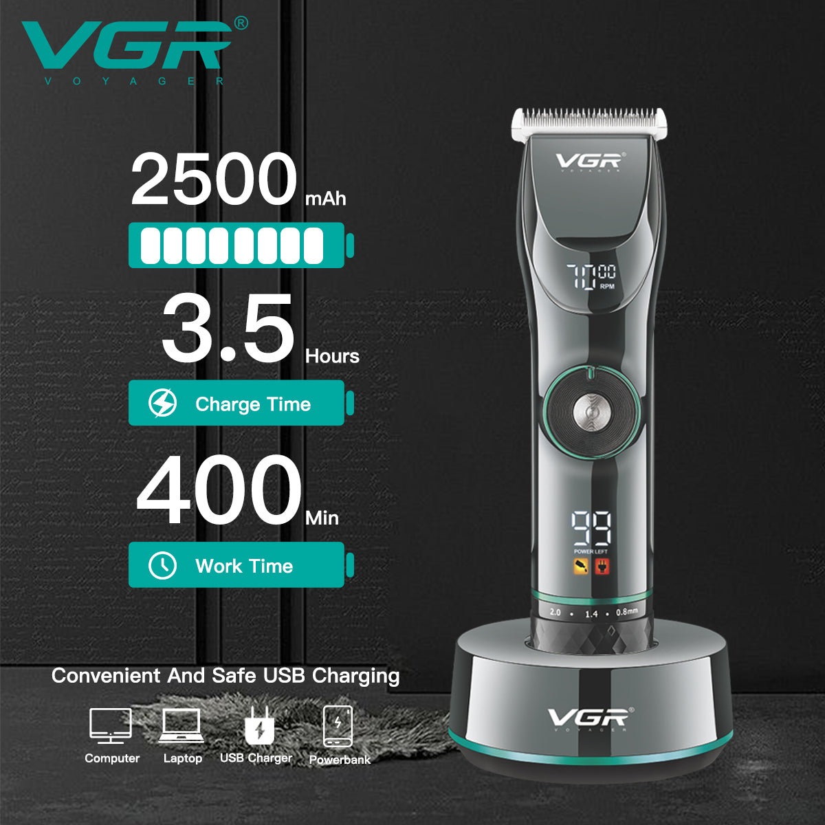 VGR V-256 Hair Clipper For Men, 400 Min Runtime, Black.