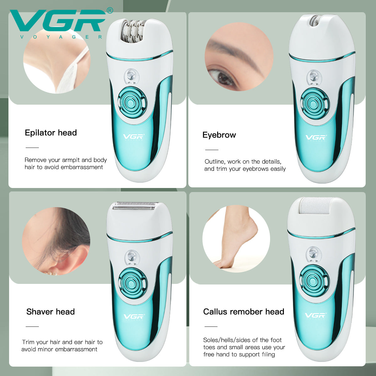 VGR V-700 Cordless Professional 4 in 1 Women Epilator & Shaver for Face, Legs, Underarms & Bikini Area.